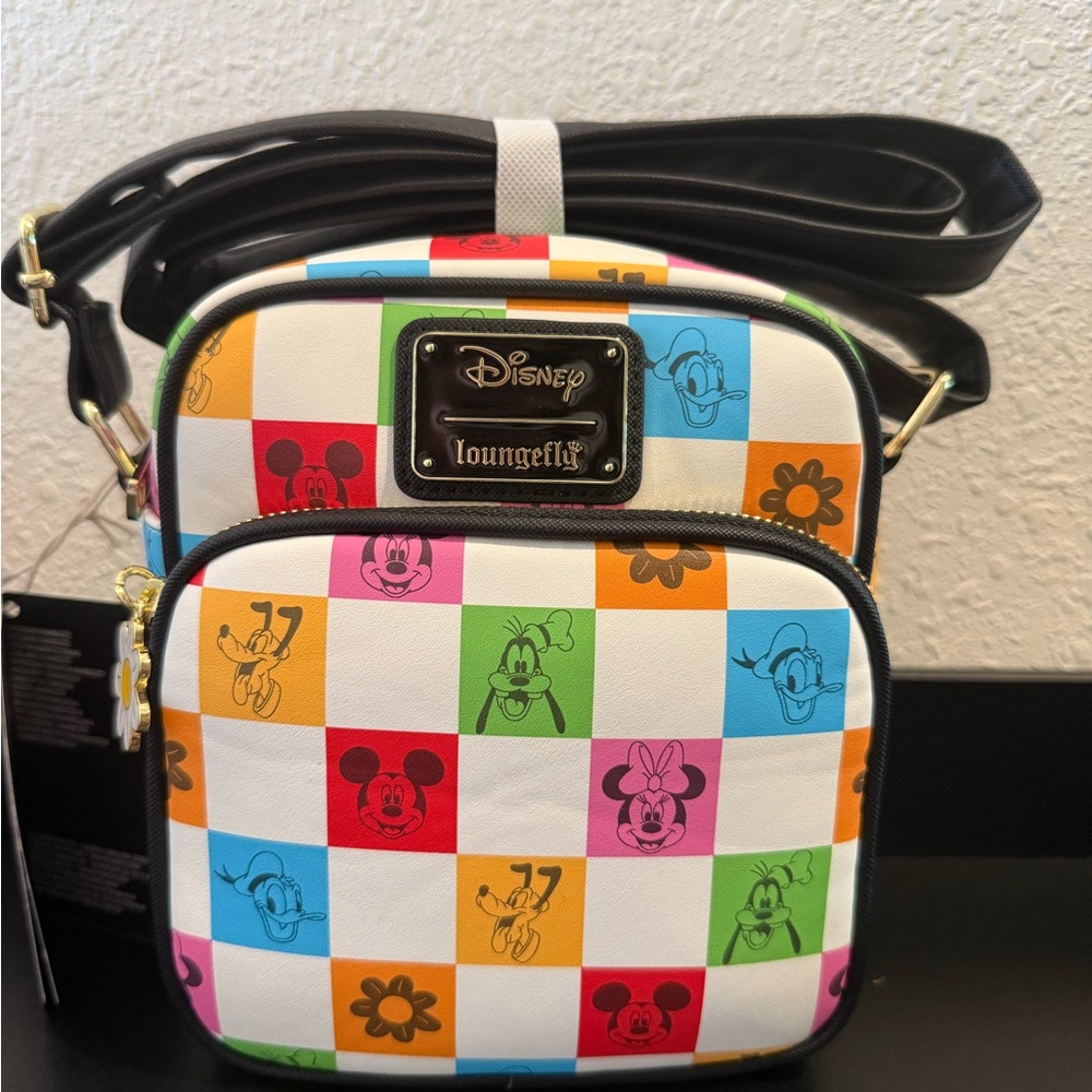 Loungefly Disney Mickey Mouse & Friends Floral Checkered Crossbody Bag NWT - Picture 5 of 9